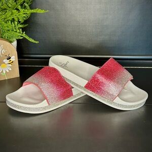 Sophie Sue Pink Silver Ombré Rhinestone Crystal Platform Sandal Slides Size 10